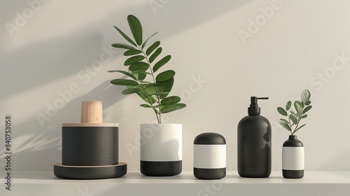 a white shelf with a plant and some bottles on it