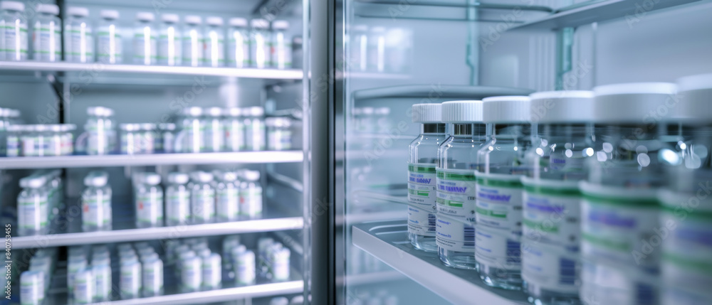 Shelves lined with numerous vials in a refrigerated storage unit, ready for medical research and pharmaceutical use. Shelves lined with numerous vials in a refrigerated storage unit, ready for medical research and pharmaceutical use.