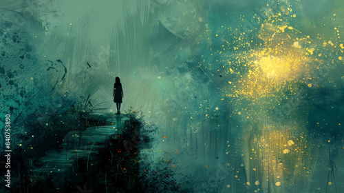 fantasy background of a evocative scene where a solo traveler embarks on a journey through a surreal landscape, where the path ahead is illuminated by the faint glow of abstract feelings and emotions