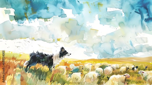 Watercolor painting of a border collie herding sheep in a field.