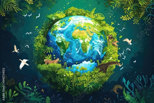 Vibrant, whimsical nature illustration, Eco friendly planet illustration featuring lush forests, clean waters, and thriving wildlife