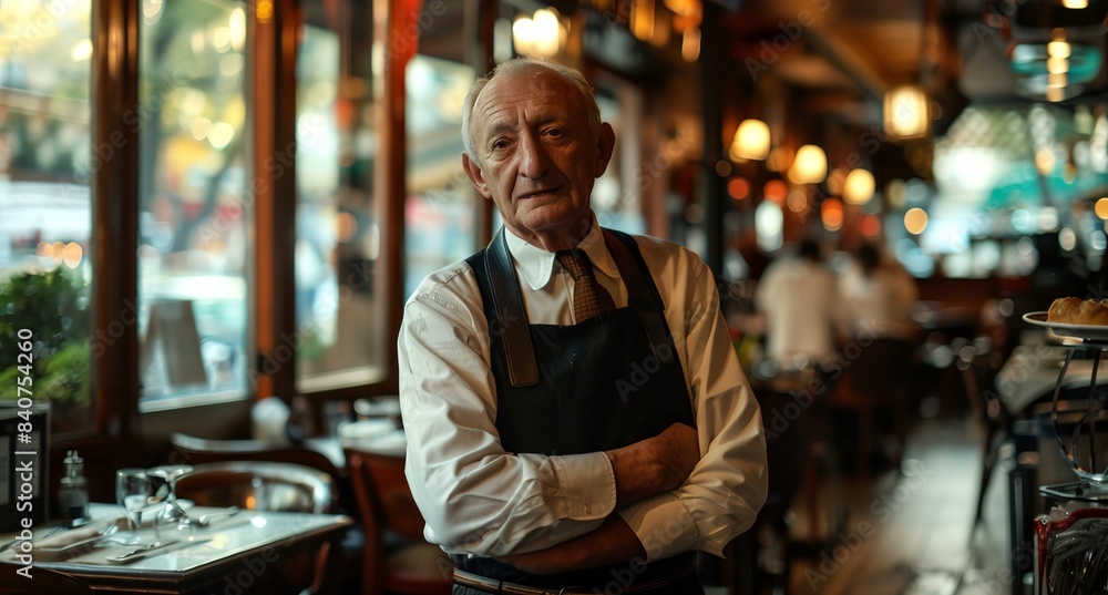 a man standing in a restaurant with his arms crossed a man standing in a restaurant with his arms crossed