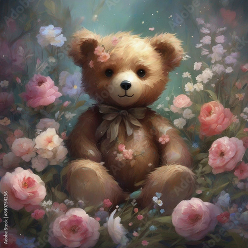 teddy bears in the garden, painting of a toy teddy bear wrapped in flowers, advertising, marketing, branding