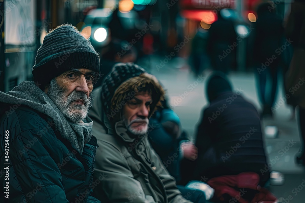 Two elderly homeless men sitting on a city street Two elderly homeless men sitting on a city street