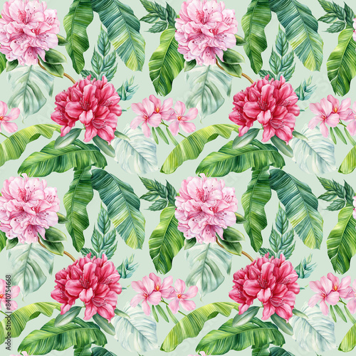 Watercolor rhododendron pink flowers and palm leaves. jungle seamless pattern, flora background. Watercolor hand drawn 