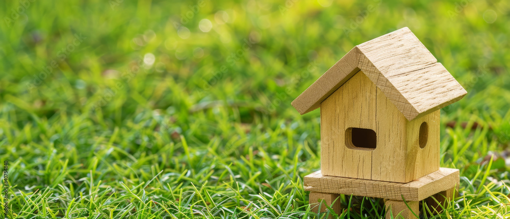 A wooden miniature house sits on lush green grass, depicting the charm of rustic living and the simplicity of cottage life in a natural setting. A wooden miniature house sits on lush green grass, depicting the charm of rustic living and the simplicity of cottage life in a natural setting.