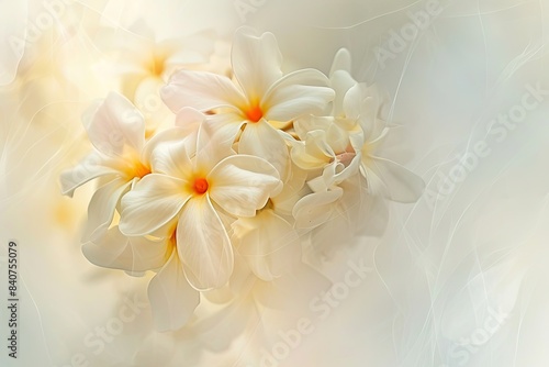 Delicate white blossoms, subtle orange centers, Elegant flowers in a cluster, forming a captivating illustration against a white canvas