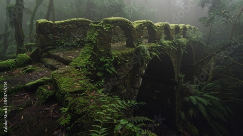Bridge covered in green moss in deep tropical rainforest with green plants  ferns.
