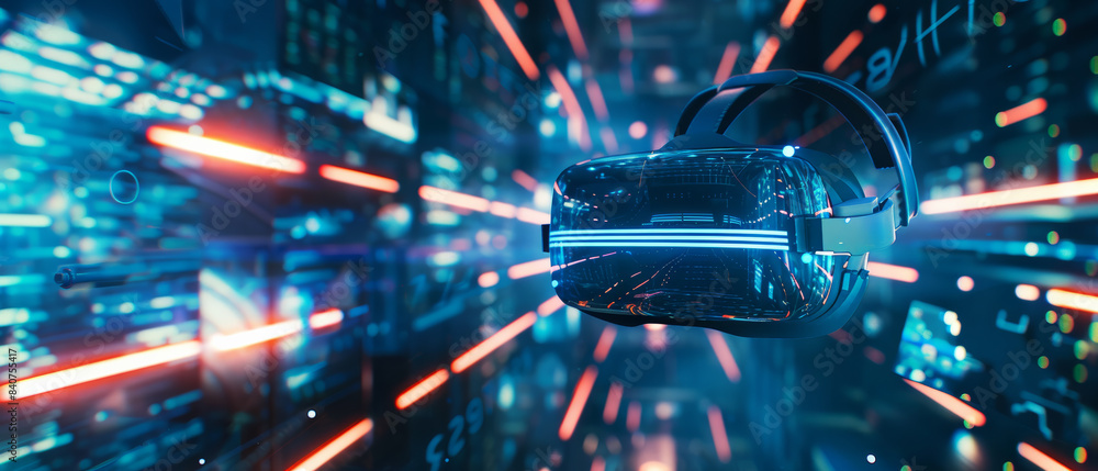 A sleek VR headset against a background of rapid light streaks and data, representing high-speed connectivity and advanced technological experiences. A sleek VR headset against a background of rapid light streaks and data, representing high-speed connectivity and advanced technological experiences.
