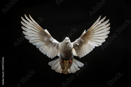 White dove with spread wings in mid-flight against a black background.