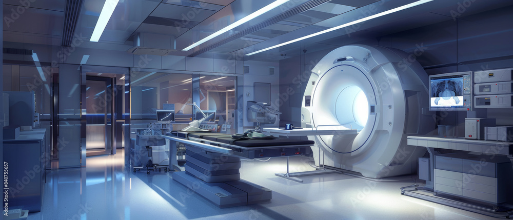A cutting-edge MRI scanning room with advanced medical equipment, illuminated by cool blue lighting, emphasizing a sterile and clinical environment. A cutting-edge MRI scanning room with advanced medical equipment, illuminated by cool blue lighting, emphasizing a sterile and clinical environment.