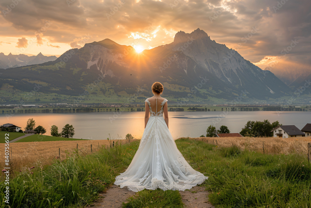 High-Resolution Image of a Blonde European Bride from Behind in Wedding Dress – Sophisticated and Stylish