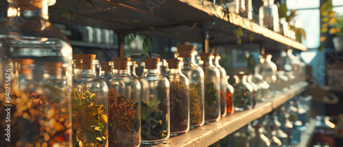 Sunlit shelves lined with various glass jars filled with an array of dried herbs  creating a warm and rustic atmosphere.