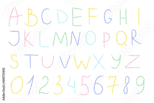 Colored numbers, letters alphabet scribbled in wax pencil, on white background. Hand drawing.