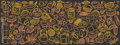 Breakfast hand drawn ingredients vector set. Crunches. Morning meal menu design. Collection of dishes for breakfast and brunch. Sketch. Fresh vegetables, cheese, scrambled eggs, bacon, coffee.
