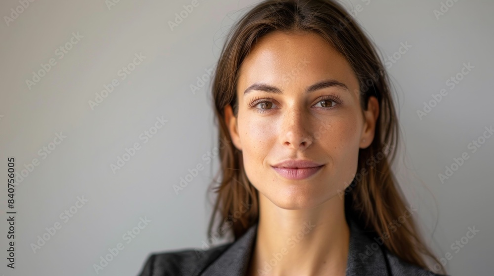 Happy businesswoman smiling at camera in stylish suit for traveling fashion beauty editorial shot Happy businesswoman smiling at camera in stylish suit for traveling fashion beauty editorial shot