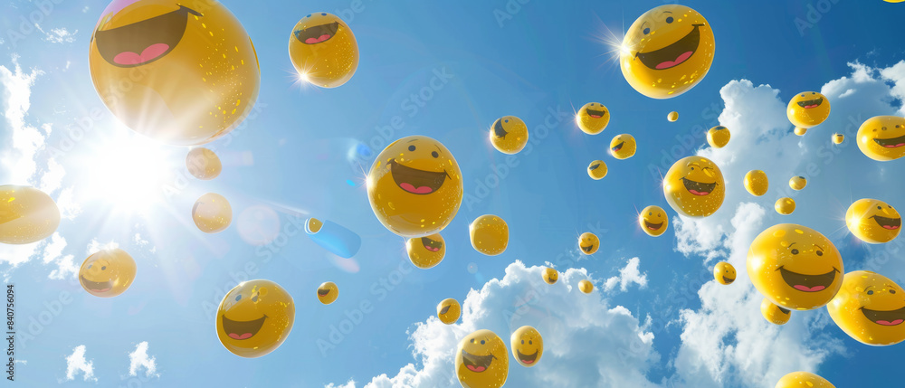 A sky filled with shiny, floating smiley face balloons in bright sunlight, evoking a sense of joy, happiness, and celebration. A sky filled with shiny, floating smiley face balloons in bright sunlight, evoking a sense of joy, happiness, and celebration.