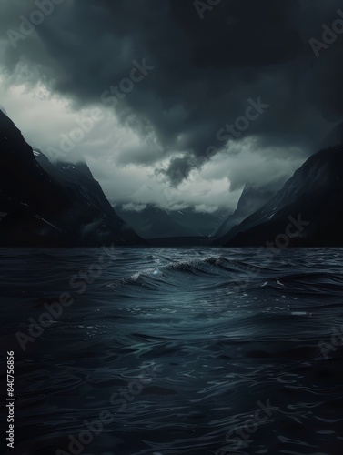 Dramatic and foreboding seascape with towering cliffs rising above a turbulent stormy ocean. Brooding clouds loom overhead adding to the powerful ominous atmosphere of the scene.