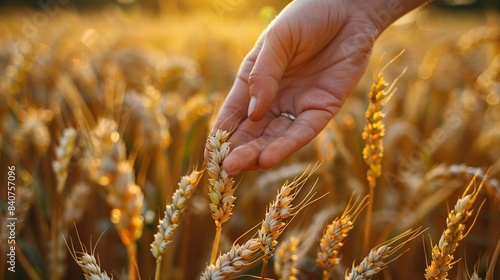 A farmer's hand holds a grain of wheat on his tree in a wheat field. A field of wheat trees ready for harvest with a golden color.