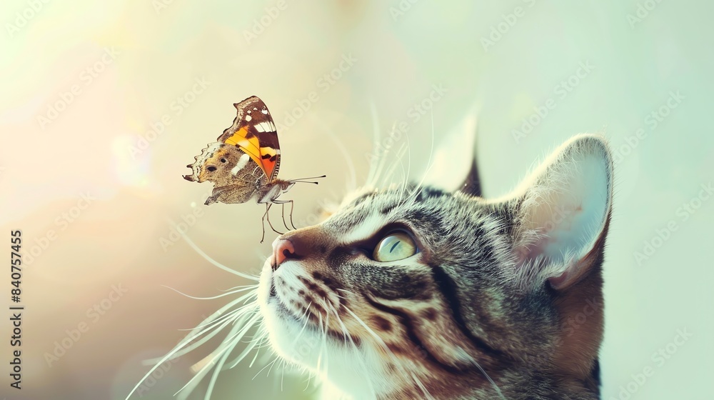 Curious cat watches a butterfly in soft light. Curious cat watches a butterfly in soft light.
