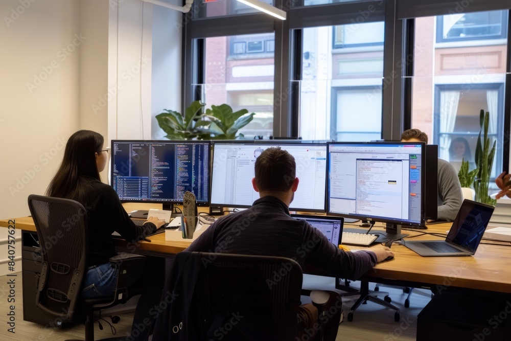 Modern Tech Team Collaboration in Open Workspace with Multiple Screens and Dynamic Projects Modern Tech Team Collaboration in Open Workspace with Multiple Screens and Dynamic Projects