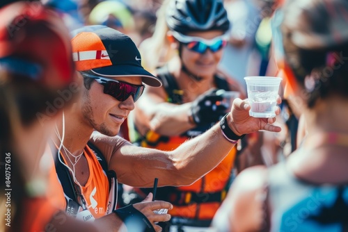 Triathlete Showing Gratitude Receiving Water from Volunteer at Hydration Station During Race