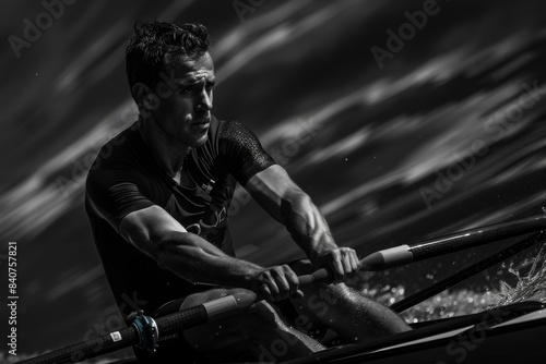 Determined Olympic Rower in High-Contrast Black and White Photograph Mid-Race © spyrakot