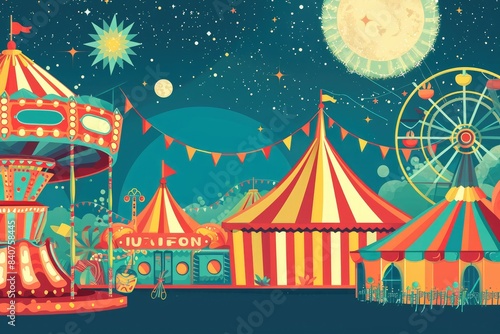 Colorful vintage circus tents, carnival with mysterious attractions and illusions