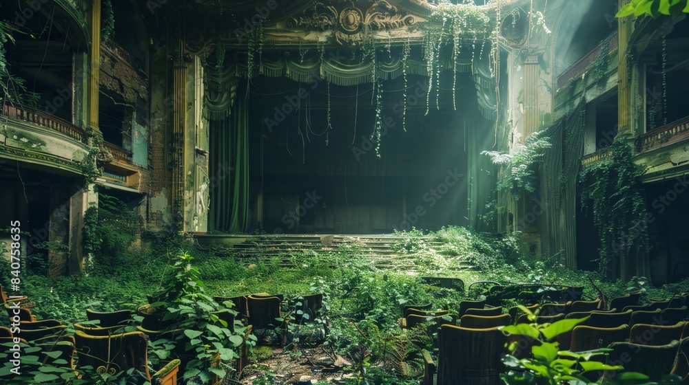 Obraz premium Abandoned city theatre debris with green plants growing. Post apocalypse scene.