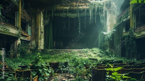 Abandoned city theatre debris with green plants growing. Post apocalypse scene.