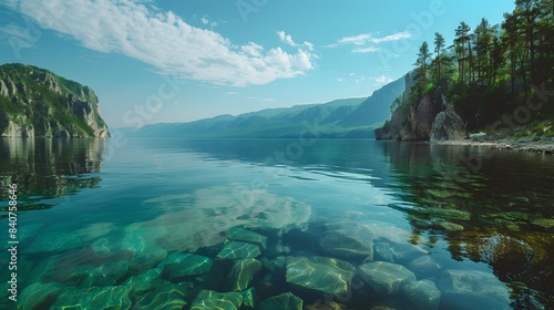 Serene Lake Baikal with crystal-clear waters and surrounding mountains, 8k, HD.