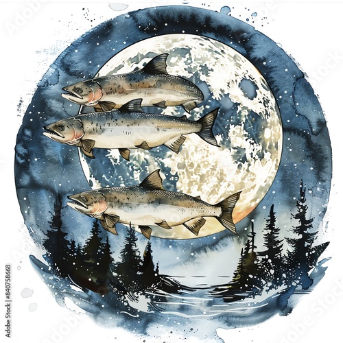 Watercolor painting of three salmon jumping over a full moon with a forest in the background.