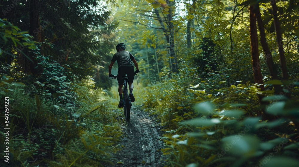 Obraz premium A mountain biker navigates a narrow, lush forest trail, surrounded by towering trees and dappled sunlight, capturing the thrill and adventure of outdoor cycling.