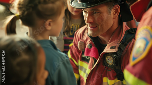 A firefighter in uniform kneels to talk warmly with a smiling child, embodying trust and admiration in a community setting. photo