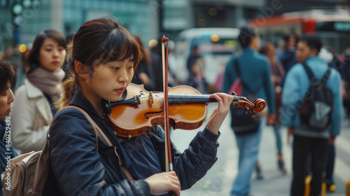 A street violinist passionately plays her instrument amidst a bustling city crowd, merging the beauty of music with urban daily life. photo