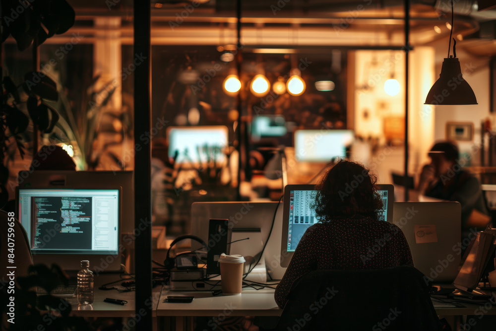 Late Night Office Team Working on Important Project Under Dim Lighting Late Night Office Team Working on Important Project Under Dim Lighting