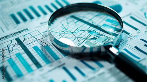 A close-up shot of a magnifying glass overlaid on financial charts  showcasing the precision and focus required for data analysis and financial planning.