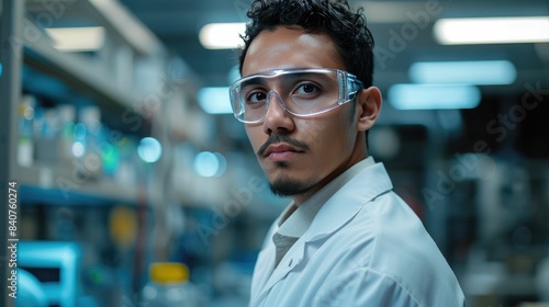 Focused young male scientist with safety goggles in a high-tech laboratory 