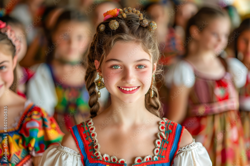 Fototapeta premium Joyful young girl in traditional dress with braided hair and ornate headpiece, participating in a cultural dance celebration.