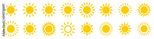 Sun icon set. Yellow sun icons. Shine sun ray set. Sunset icon collection. Yellow sun star icons. Hot solar energy for tan. Vector illustration