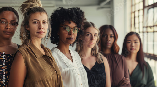 Six women stand side by side, facing the camera with resolute expressions, capturing unity and diversity in their poses and attire within a bright, spacious setting.