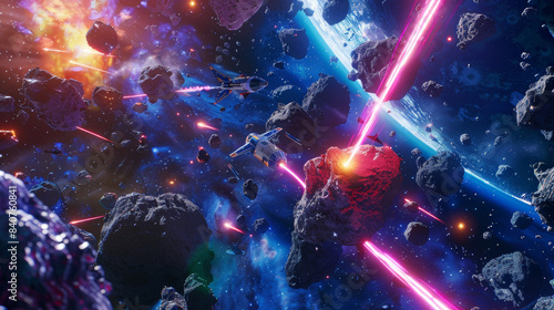 Spaceships engage in a fierce battle amidst an asteroid field with vibrant energy beams and cosmic explosions  highlighting a thrilling and intense space encounter.