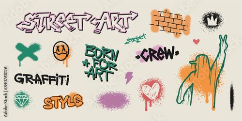 Street Art Graffiti text slogans print dsgn with spray paint effect. Graffiti quote in hip-hop style urban typography and street art elements for graphic tee t-shirt or apparel - editable vector (1)