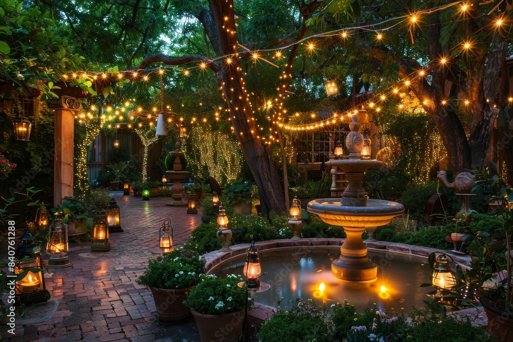 Fototapeta premium Magical Evening Garden with Illuminated Trees, Lanterns, and Fountain for a Serene Night Ambiance