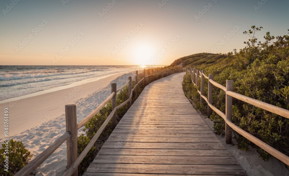 Long Boardwalk to White Sand Beach and Ocean at Sunset with Shrubs on Sides Long Boardwalk to White Sand Beach and Ocean at Sunset with Shrubs on Sides