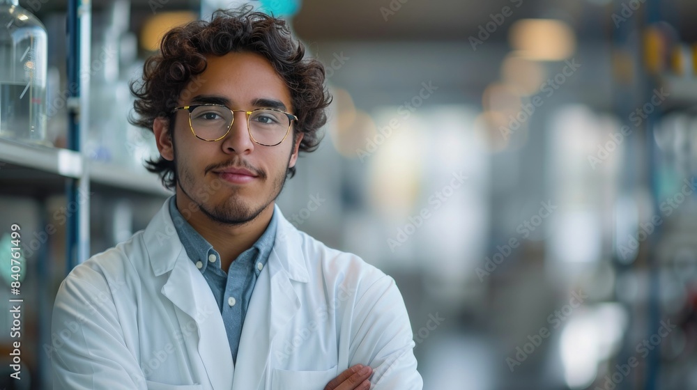 Obraz premium Confident young male scientist with glasses in a modern laboratory setting 