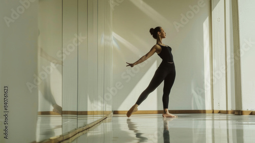 A ballerina in black attire gracefully practices her pose in a sunlit studio  her reflection mirroring her dedication and poise.