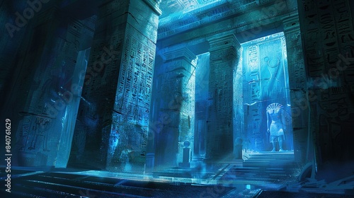 Step into the hallowed halls of an ancient Egyptian temple frozen in time. Adorned with countless blue hieroglyphs, its walls whisper secrets of a bygone era.