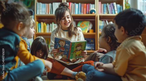 Enthusiastic female educator reading a book to captivated children in a bright library setting.