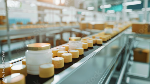 Wallpaper Mural Golden-capped cosmetic jars move along a conveyor belt, symbolizing mass production in a bright, modern factory. Torontodigital.ca